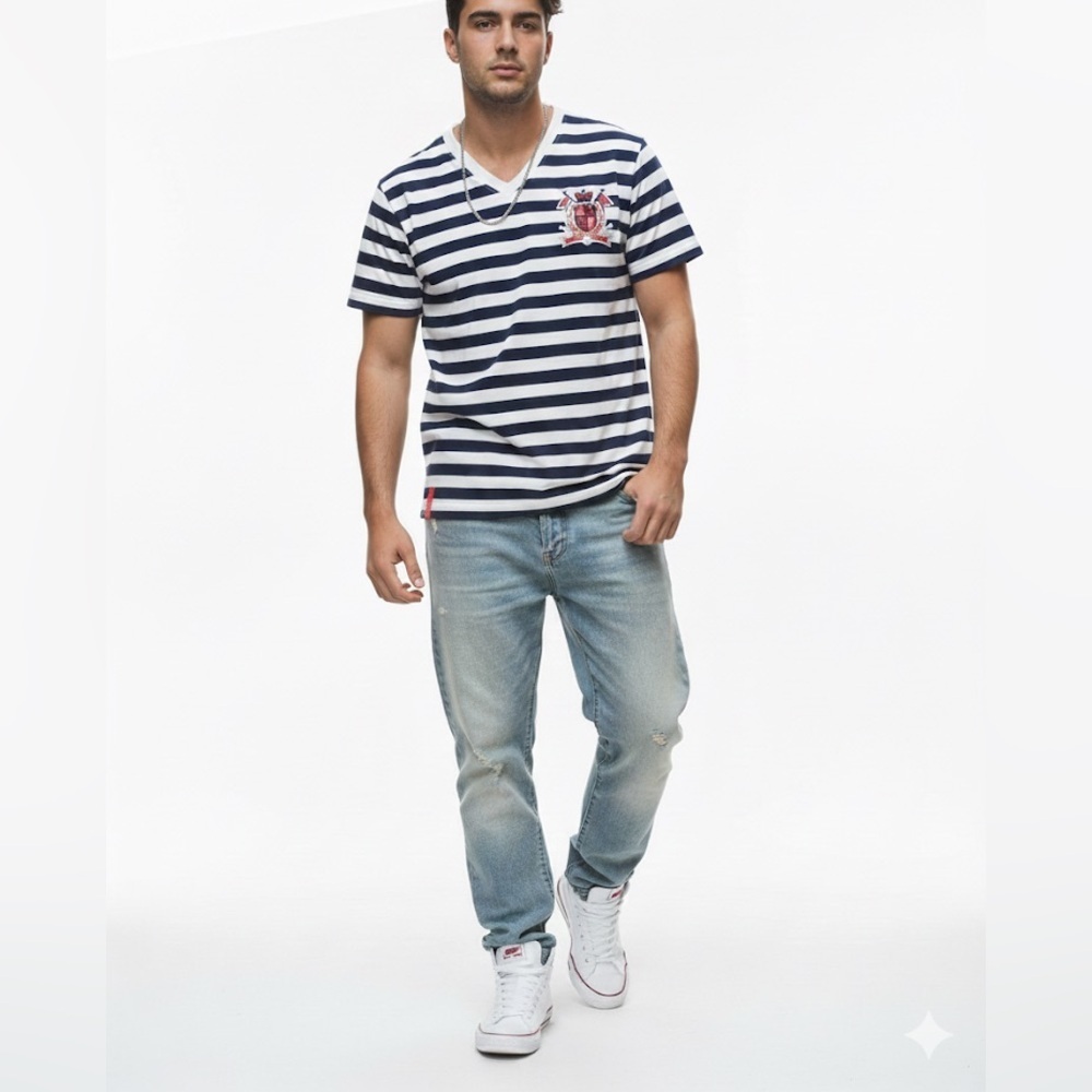 LRG Striped V-Neck T-Shirt Navy White Crest Patch Short Sleeve NWT Size M